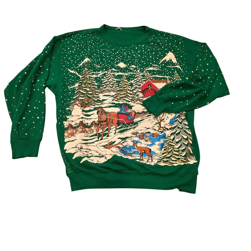 Vintage Green Christmas Sweatshirt Glitter Sleigh fits a sz M